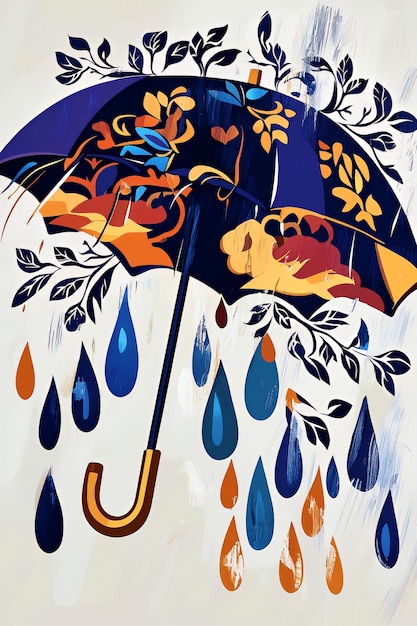 Colorful Umbrella with Rain Drops and Floral Design