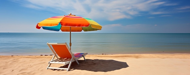 colorful umbrellas and chairs on the white sand summer beach sea background