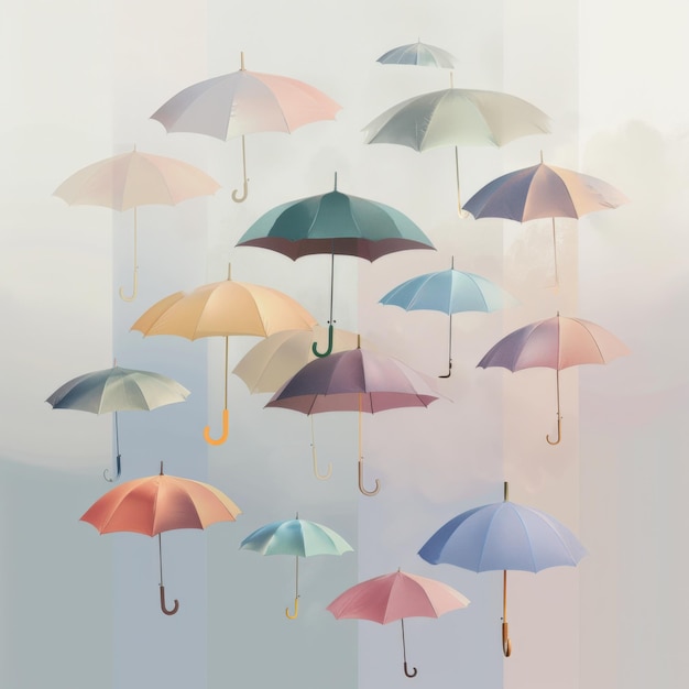 Colorful umbrellas floating against a cloudy sky