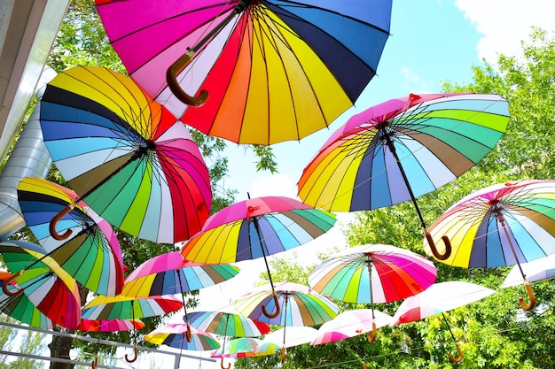 Colorful umbrellas hanging in park