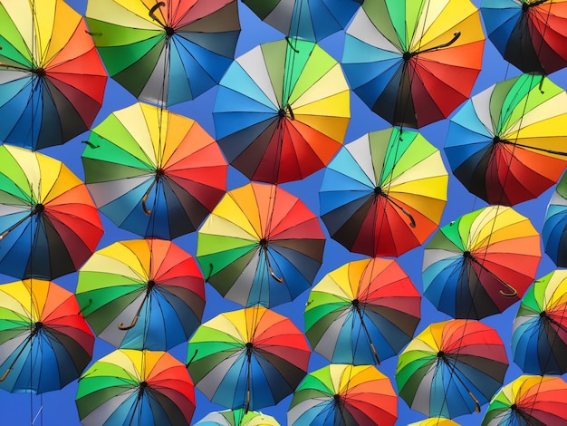 Colorful umbrellas in the sky.