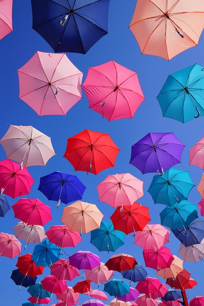 Colorful umbrellas with blue sky