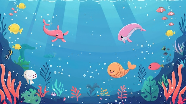 Colorful underwater cartoon animals in a whimsical ocean scene with blank space for text