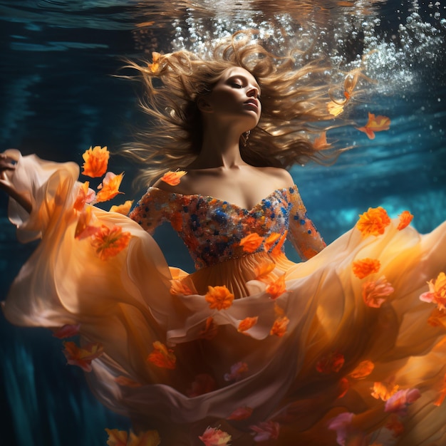 Colorful underwater dancing beauties flowing hair