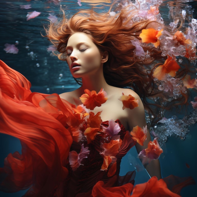 Colorful underwater dancing beauties flowing hair