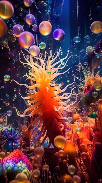 A colorful underwater image of a sea creature with a large orange and yellow body.