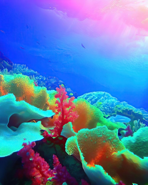 A colorful underwater scene with a colorful coral and fish swimming in the water.