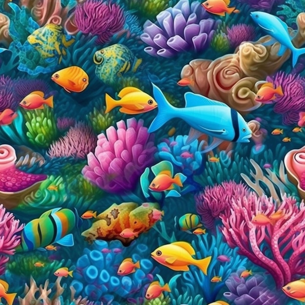 A colorful underwater scene with a fish swimming around a coral reef.