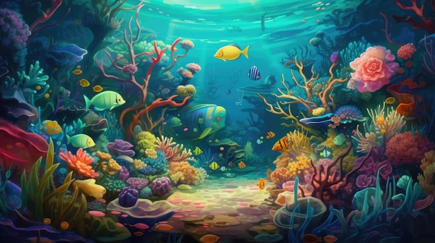 A colorful underwater scene with a fish swimming in the ocean.