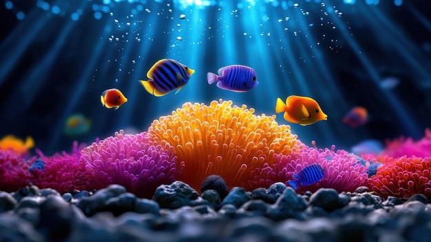 Photo colorful underwater scene with glowing coral and vibrant fish