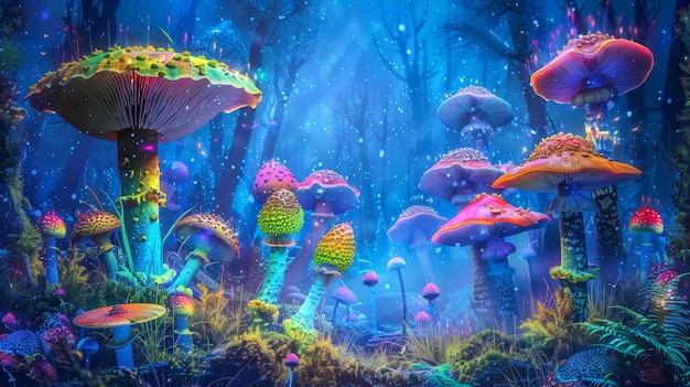 a colorful underwater scene with a group of jellyfish and a group of mushrooms