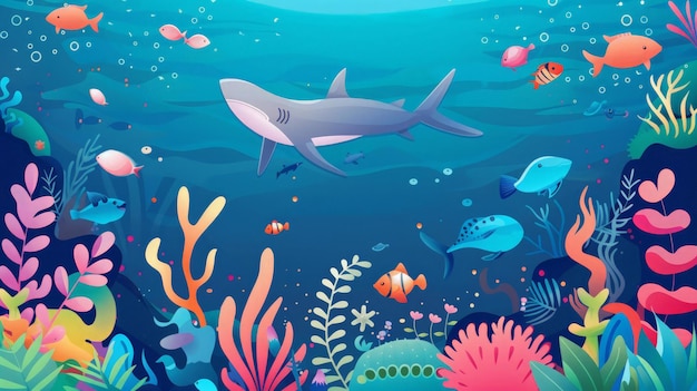 Colorful Underwater Scene with Shark and Coral Reef