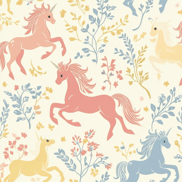 Photo a colorful unicorn pattern with pink blue and yellow horses