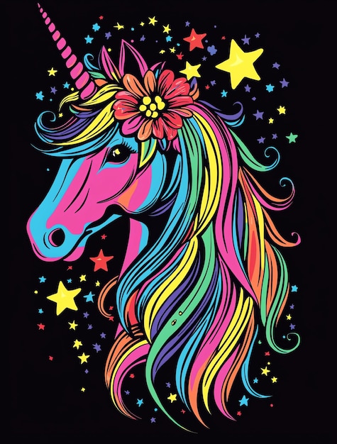 a colorful unicorn with a flower in its hair is shown