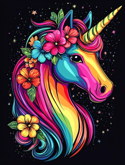 Photo a colorful unicorn with flowers on its head