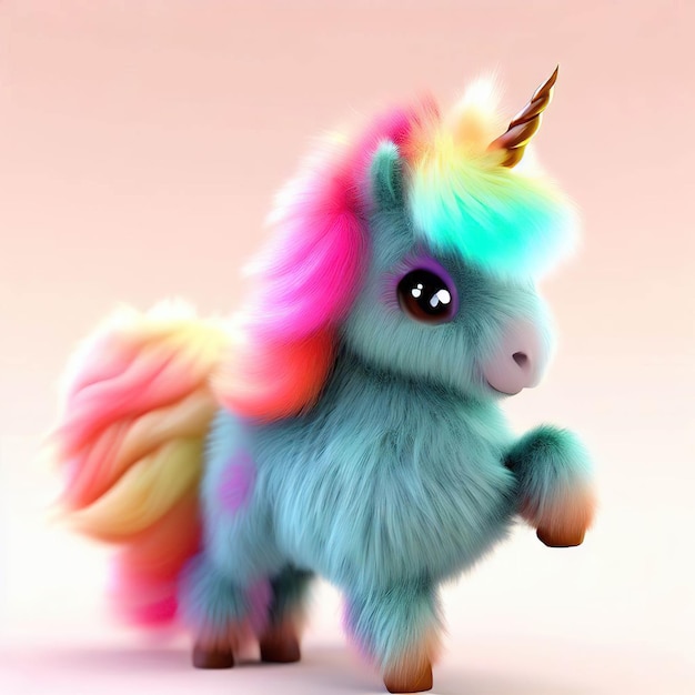 A colorful unicorn with a horn on its head is standing on a pink background.