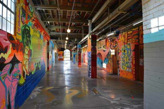 Colorful urban art fills the interior of an abandoned building in a vibrant display of creativity during daylight hours