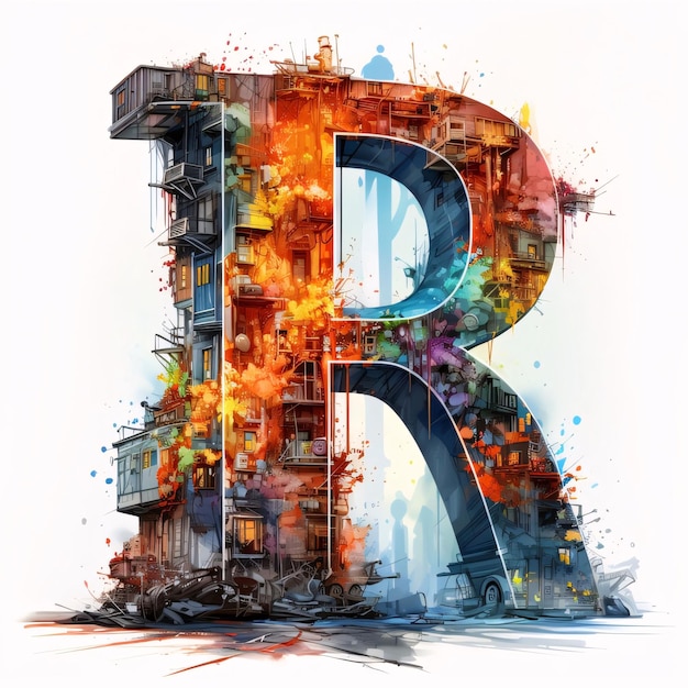 Colorful urban letter R painted with watercolor paint on white background