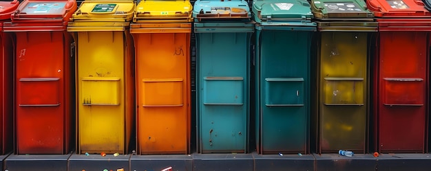 Colorful urban waste bins encourage recycling and responsible waste management in the city Concept Urban Waste Management Recycling Promotion Colorful Waste Bins Responsible Waste Disposal