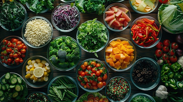 Colorful Variety of Fresh Ingredients in Glass Bowls