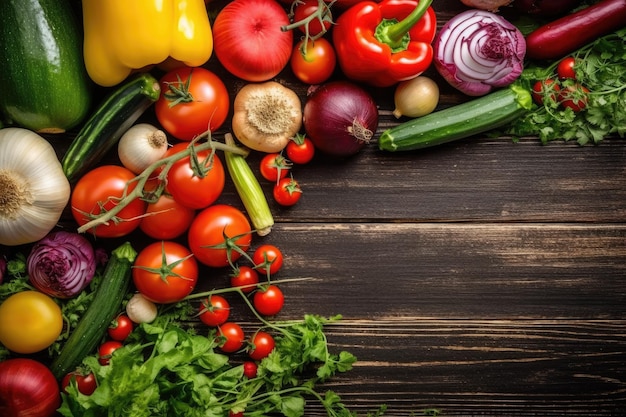 Colorful variety of fresh vegetables arranged on a wooden table Generative AI