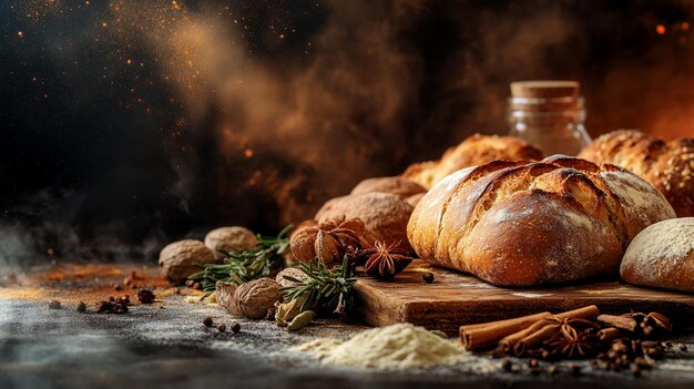 Photo colorful variety of freshly baked bread and spices on cutting board