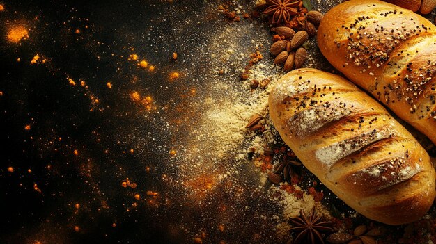 Colorful Variety of Freshly Baked Bread and Spices Scene on Table