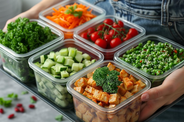 Photo colorful variety of freshly prepared vegetables and cubed tofu on a tray for healthy meal prep