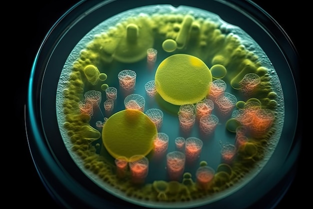 Colorful variety of microorganism inside petri dish plate in laboratory Generative AI