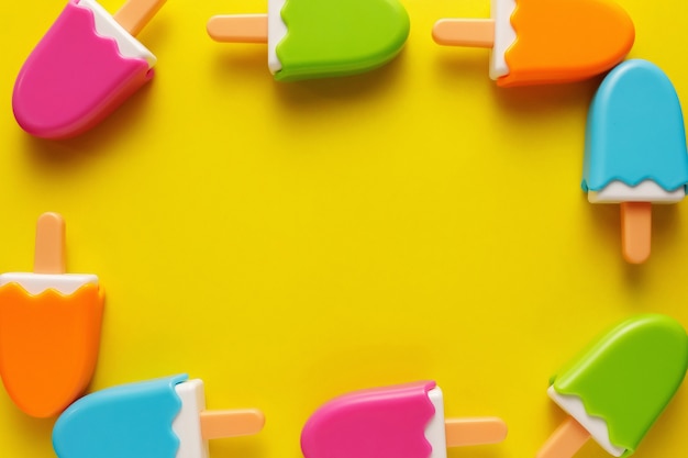 Colorful and various plastic toys ice cream with numbers for babies on a yellow background.