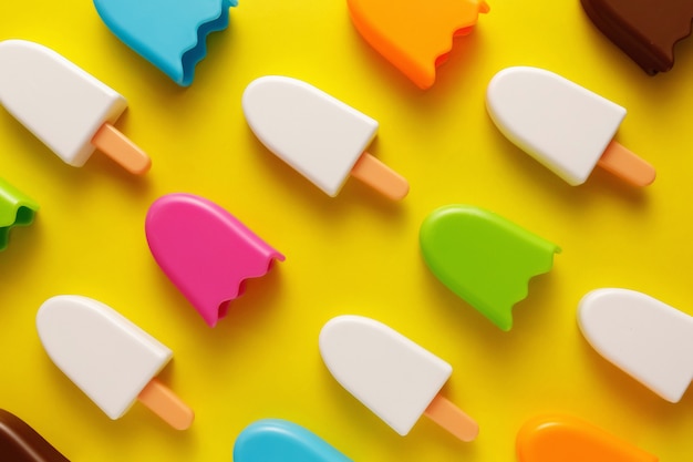 Colorful and various plastic toys ice cream with numbers for babies on a yellow background.