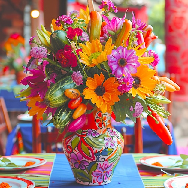 A colorful vase beautiful mexican party decoration with flowers and vegetables on it