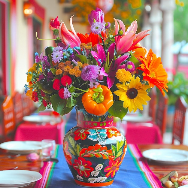 A colorful vase beautiful mexican party decoration with flowers and vegetables on it