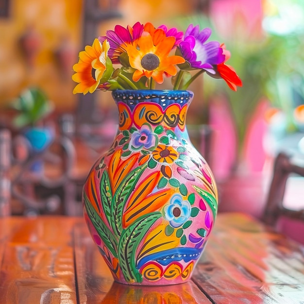 A colorful vase beautiful mexican party decoration with flowers and vegetables on it