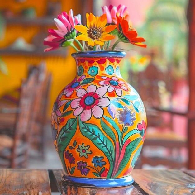 A colorful vase beautiful mexican party decoration with flowers and vegetables on it