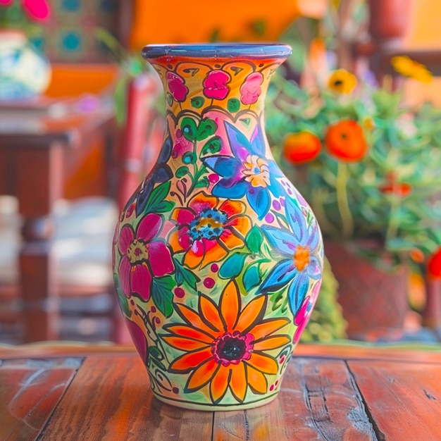 A colorful vase beautiful mexican party decoration with flowers and vegetables on it