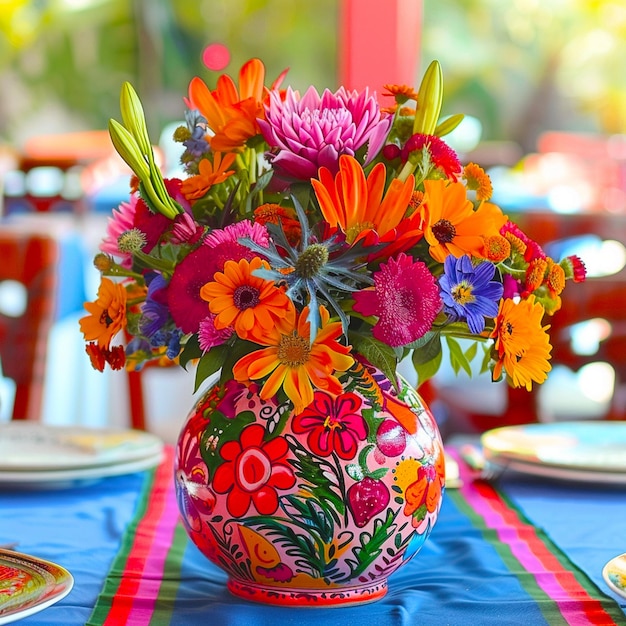 A colorful vase beautiful mexican party decoration with flowers and vegetables on it