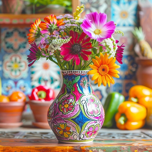 A colorful vase beautiful mexican party decoration with flowers and vegetables on it