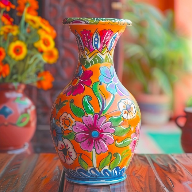 A colorful vase beautiful mexican party decoration with flowers and vegetables on it