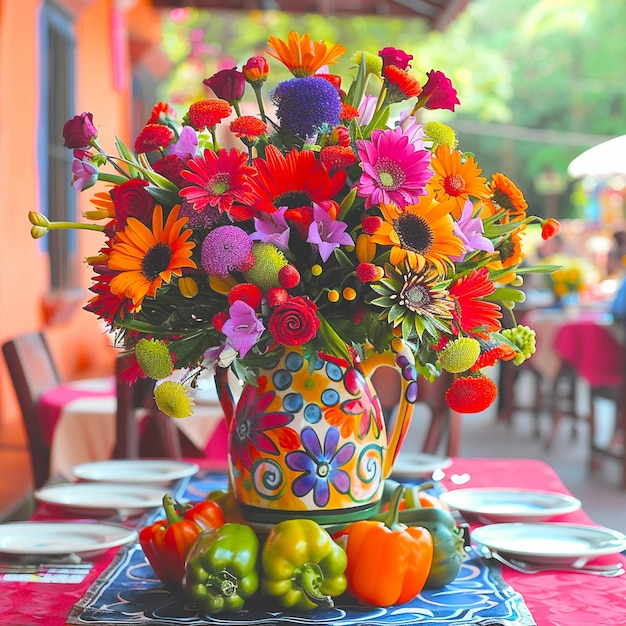 A colorful vase beautiful mexican party decoration with flowers and vegetables on it