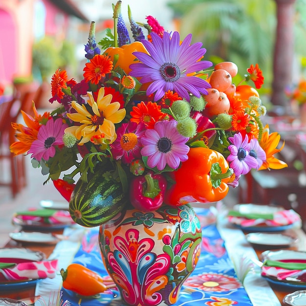 A colorful vase beautiful mexican party decoration with flowers and vegetables on it