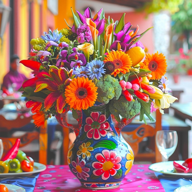 A colorful vase beautiful mexican party decoration with flowers and vegetables on it