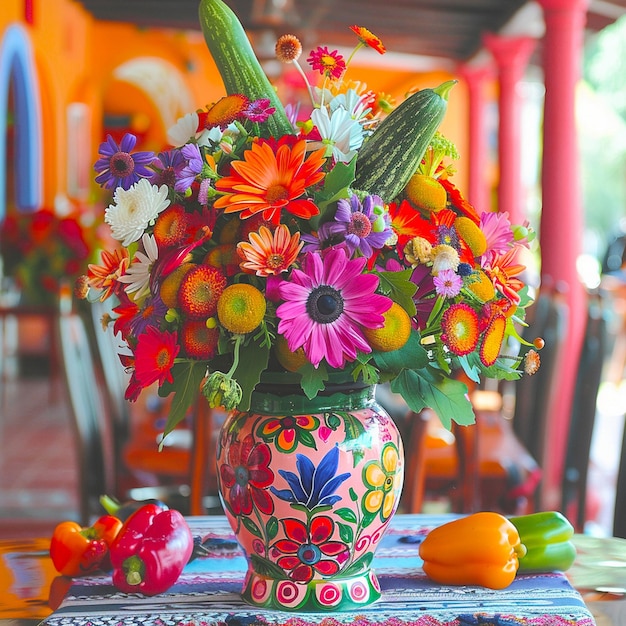 A colorful vase beautiful mexican party decoration with flowers and vegetables on it