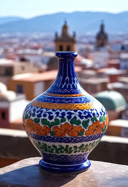 a colorful vase sitting on a ledge overlooking a city