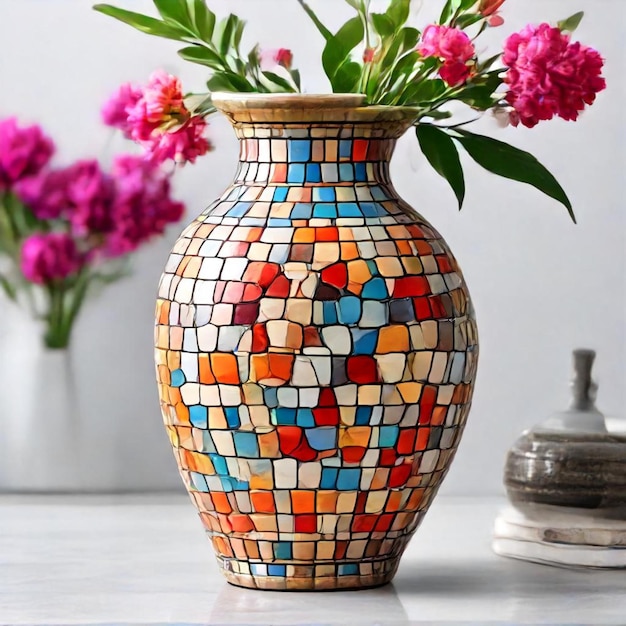 a colorful vase with a colorful pattern of flowers in it