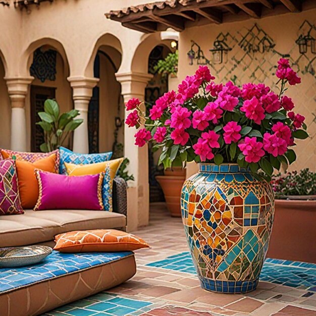 Photo a colorful vase with flowers on the floor and a pot of flowers in the middle