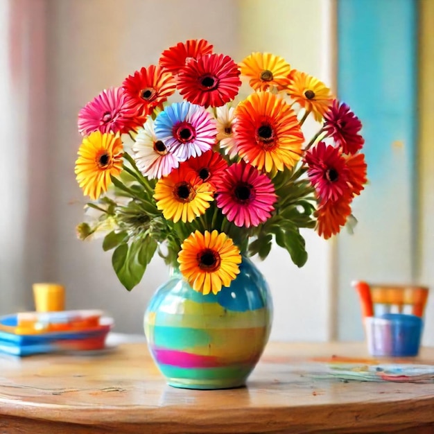 a colorful vase with flowers in it and a colorful design on the bottom