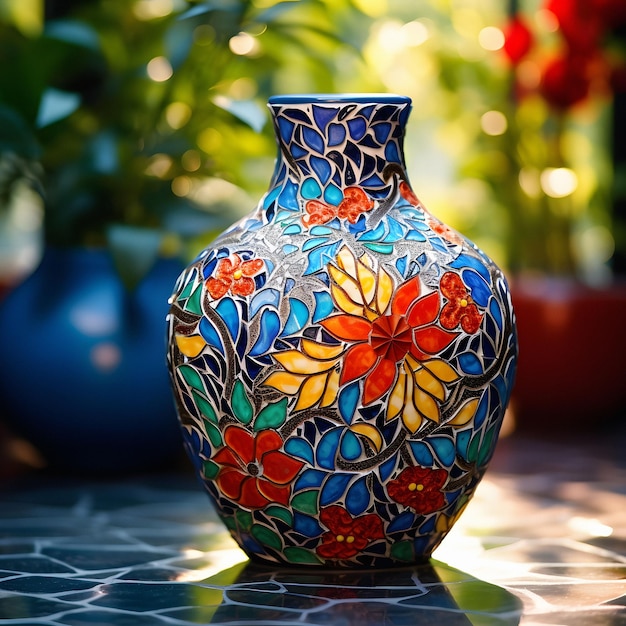 a colorful vase with flowers on it sits on a tile surface.