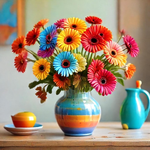 a colorful vase with flowers in it and a vase with a vase on the table