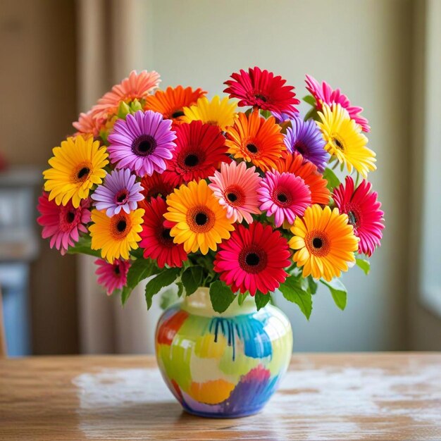 a colorful vase with flowers on a table and a colorful painting